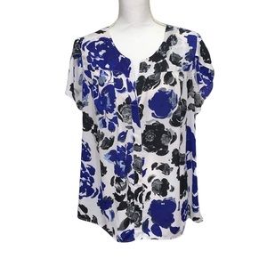 Daniel Rainn Tulip Sleeve Blue & Black Rose Print Mixed Medium Blouse SZ 1X